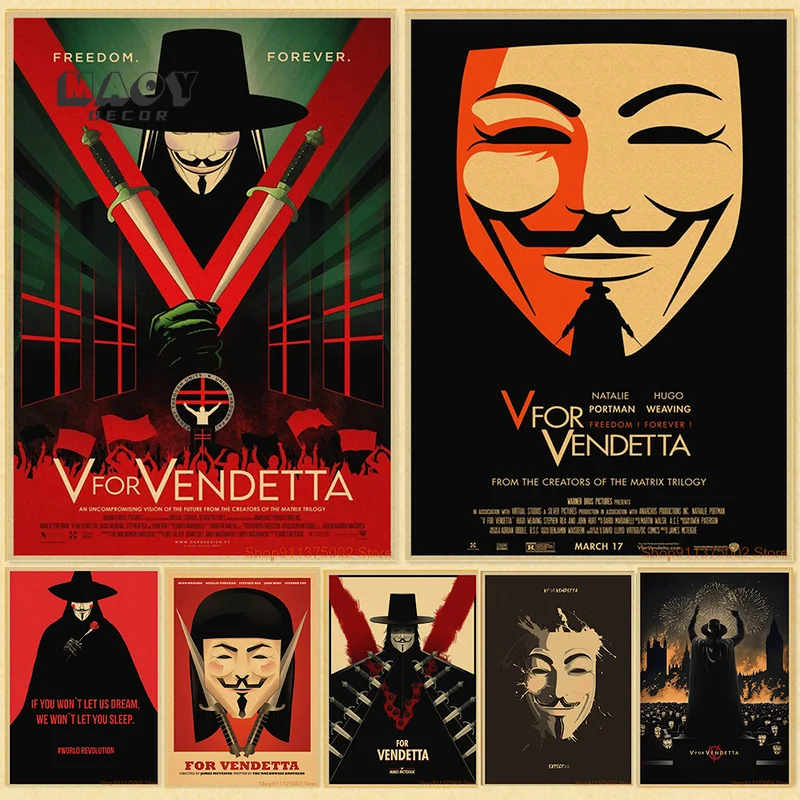 

Classic Hackers Movie V for Vendetta Kraft Paper Frame Poster Modern Wall Art Pictures Living Room Decor Posters Wall Paintings