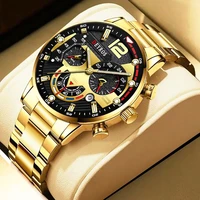 luxury mens watches fashion gold stainless steel quartz wrist watch calendar luminous clock men business casual leather watch