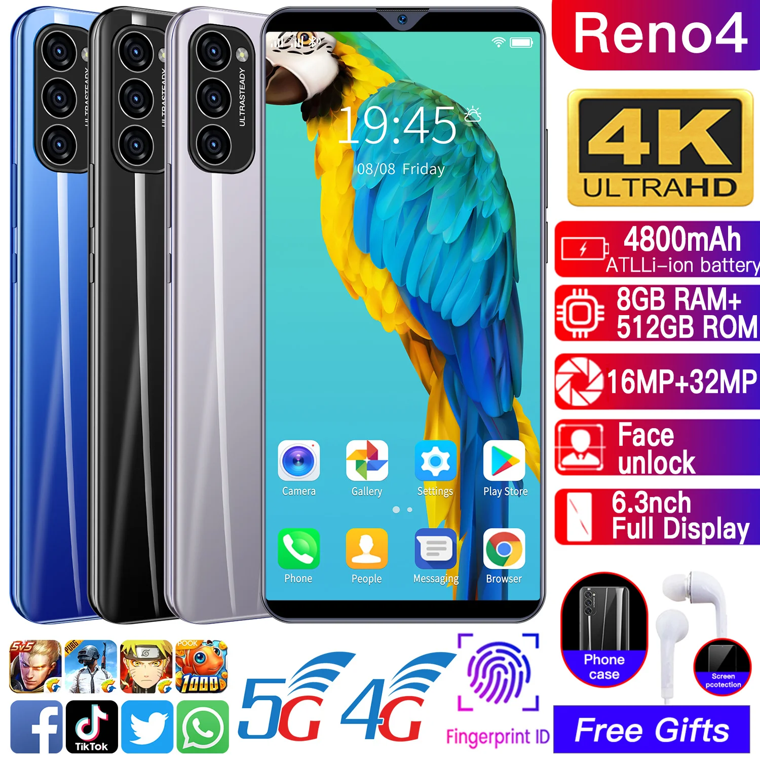 global version reno4 smartphone 8gb256gb 6 3inch android iphone cellphones mobile phone celulares vivo oppo samsung huawei free global shipping