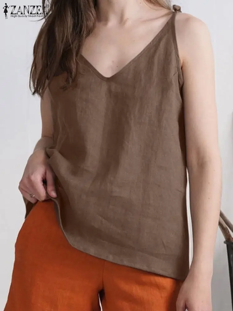 

ZANZEA Women Summer Holiday Beach Blouse Sleeveless Solid Color V-Neck Side Pockets Tops Female Elegant Casual Oversized Shirts