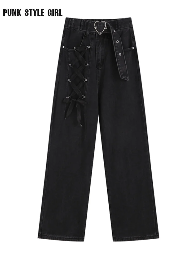 

Gothic Cyber Y2k Jeans Women Black Vintage Gothic Wide Leg Long Trousers Baggy Casual Autumn 2021 Hip Hop Punk Hippie Alt Pants
