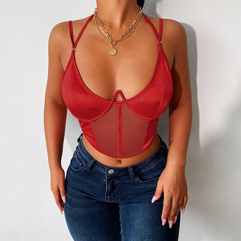 

Summer Fashion Slim Sexy Club Low Cut Solid Color Satin Girl Short Skinny Camis Crop Top Backless Women Strap Tank Top Corset