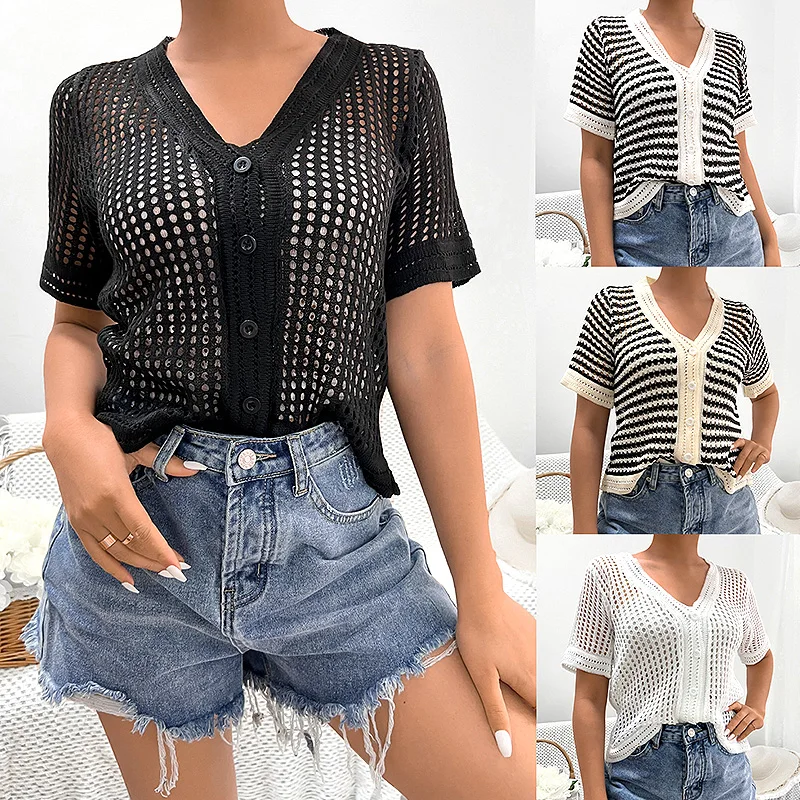 

Women's Blouse 2023 Spring/summer New Hollow V-neck Shirt Short Sleeve Hollow Knit Single Breasted Cardigan