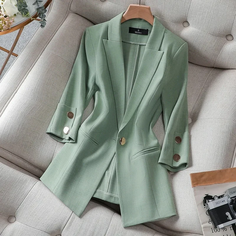 2022 Summer Solid Color Elegant Green Blazer Casual Thin Women Jacket Women's Korean Style V-neck Office Lady Suit Coat