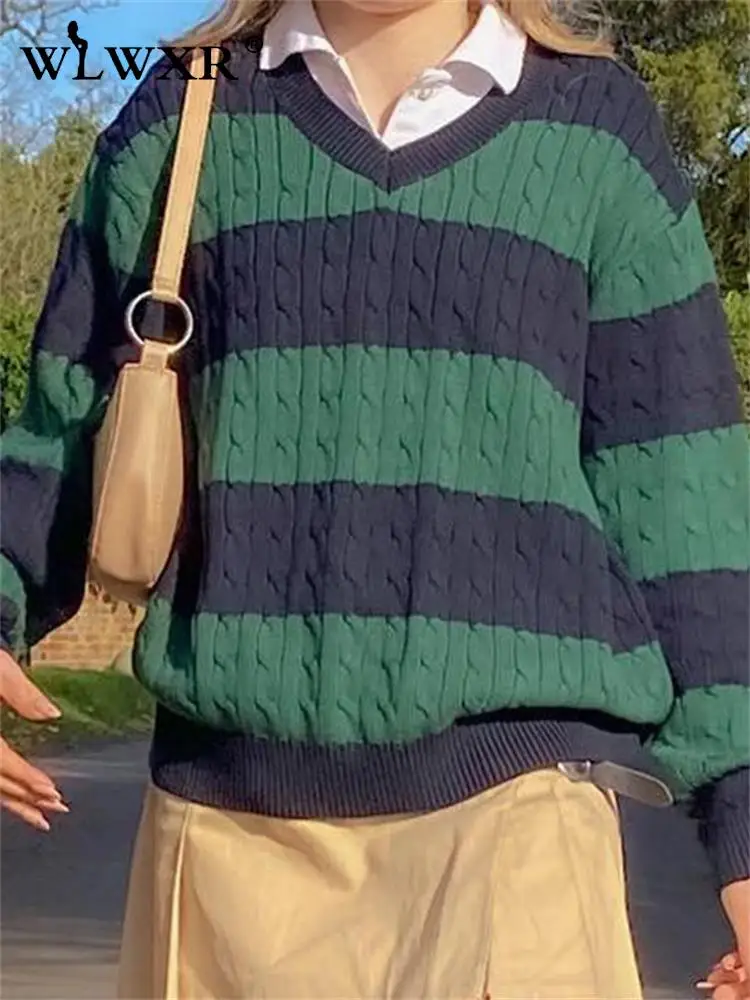 

WLWXR зимняя уличная одежда с V-образным вырезом Лоскутные Полосатые свитера для женщин 2022 Топы с длинным рукавом пуловер свободные Модные Повседневные свитера