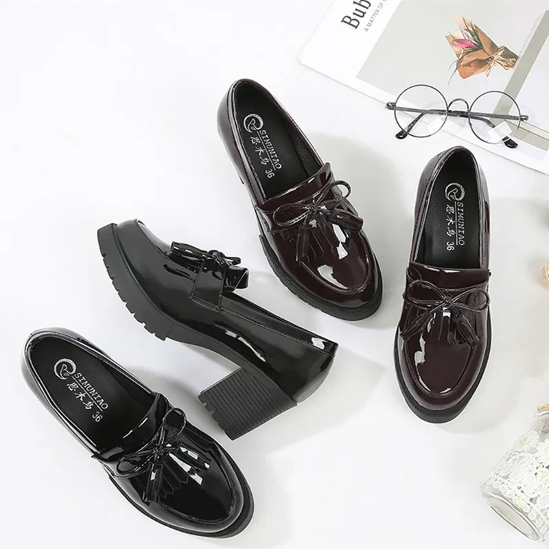 

2022 Female Pumps Spring Slip on Tassels Medium Heels Oxford Women Shoes Woman Party Patent Leather Footwear Plus Size 43 33