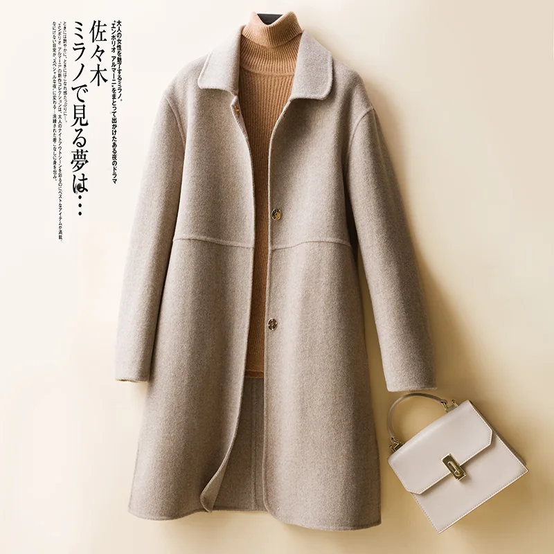 

100% Wool Slim fit Women Coat Winter Long Coat Water Ripple Wool Coat Women New Autumn Single-breasted Coat Women Commuter
