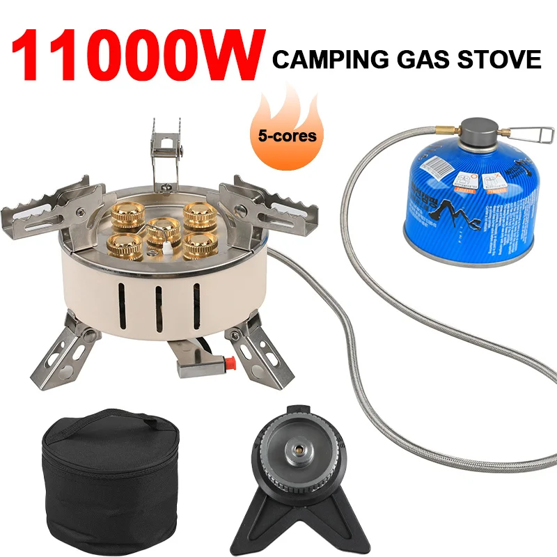 11000W Folding Camping Gas Stove Burner Portable 5-Cores Gas Furnace Burner High-power Gas Stove for Travel Picnic Equipment