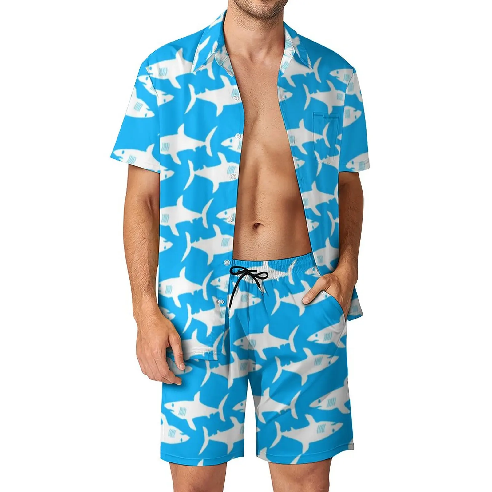 

Great White Shark Beach Men Sets Sharks Silhouette Casual Shirt Set Summer Shorts 2 Piece Trendy Suit Large Size