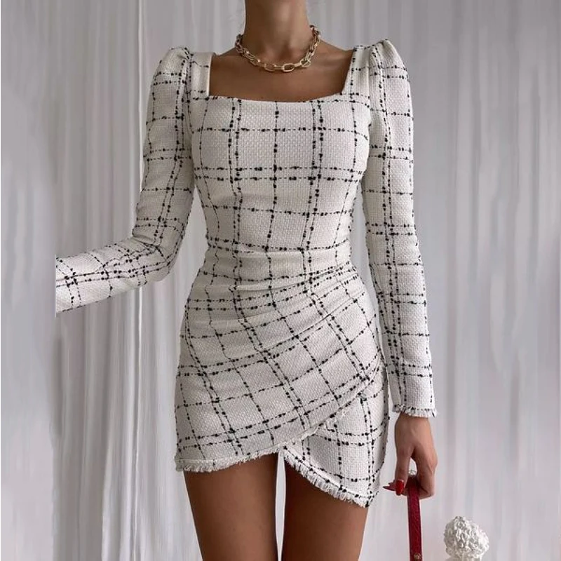 

2022 Autumn Elegant Long Sleeve Square Neck Mini Dress Women Fashion Plaid Printed Cross Irregular Dress Lady Casual Slim Dress