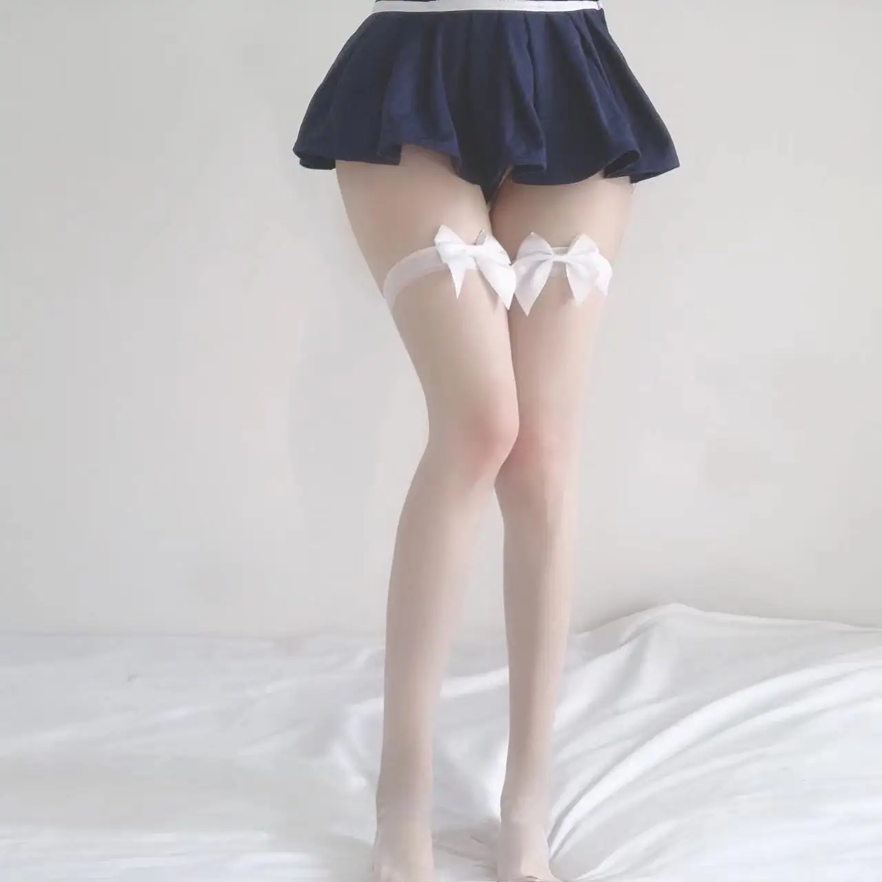 

Pure desire wind bow Japanese medium stockings JK black silk stockings summer white lace thin knee socks