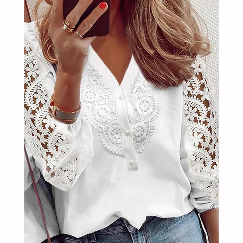 

Vintage Elegant Woman White Hollow Out Shirt V-Neck Lace Splice Blouse Casual Long Sleeve Lady Tops Blusas Women Clothing 28619