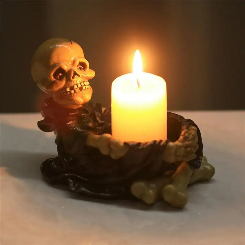 

Halloween Skull Candlestick Ornaments Resin Skull Halloween Desktop Porch Decoration Gifts Candle Holders Decor for Table