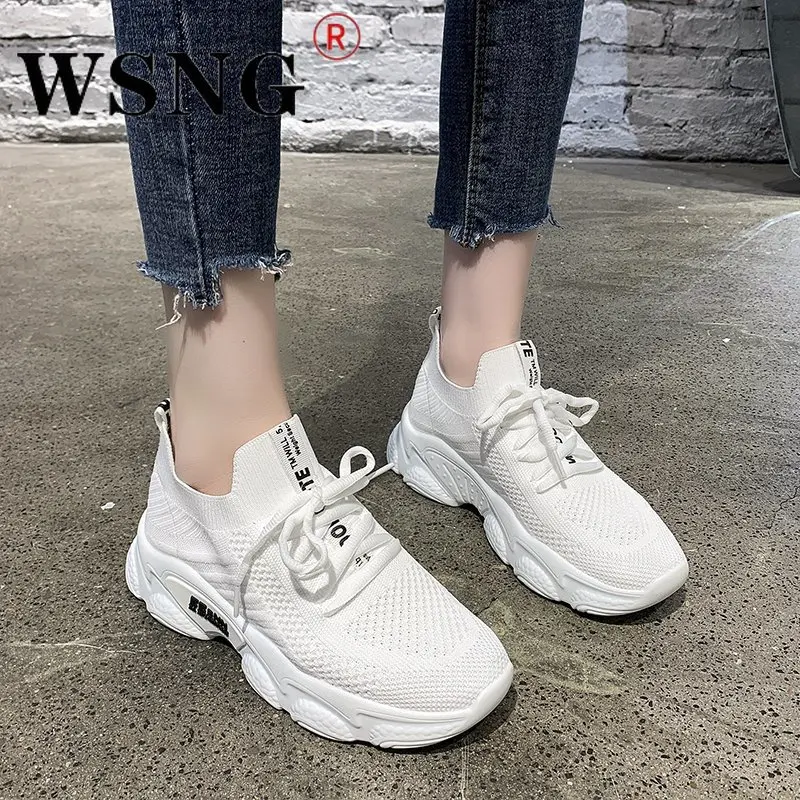 

New Sneakers Knitted Women's Comfortable Breathable Vulcanized Women's Shoes Lace Up Tennis Shoes Flat Women's Sneakers
