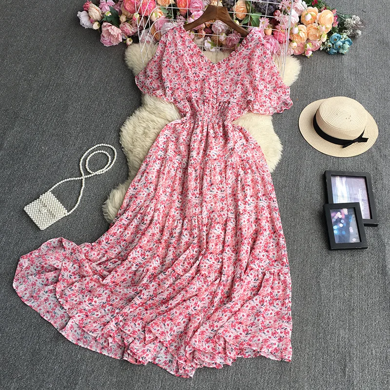 

Floral Print Short Sleeve Summer Beach Dress Women Elegant Fashion Elastic Waist A Line Slim Ruffle Wedding Dresses Robe Longue