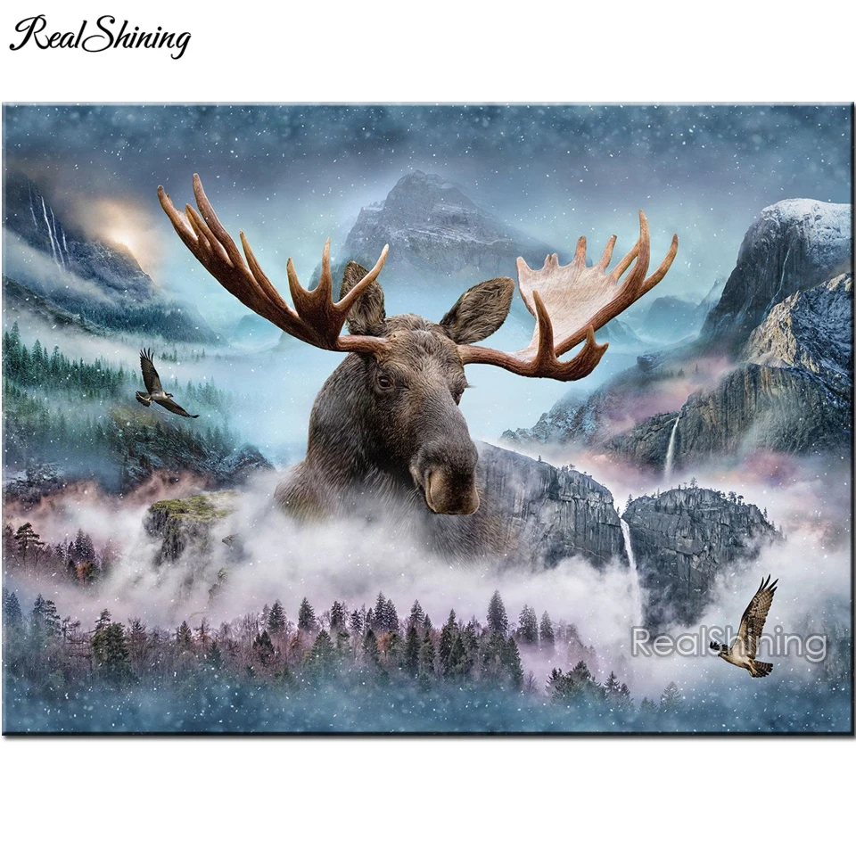 Картина с изображением лосят Фогги горы 5D полностью круглая алмазная живопись