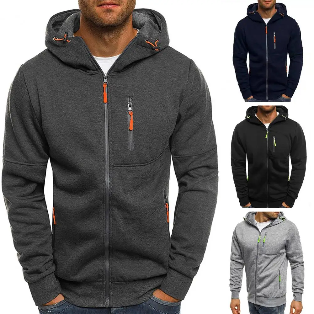 

Men's Hoodies Casual Sports Coat Solid Color Hooded Long Sleeves Hat Soft Zipper Pockets Warm Outwear Fall Jacket for Male Tops