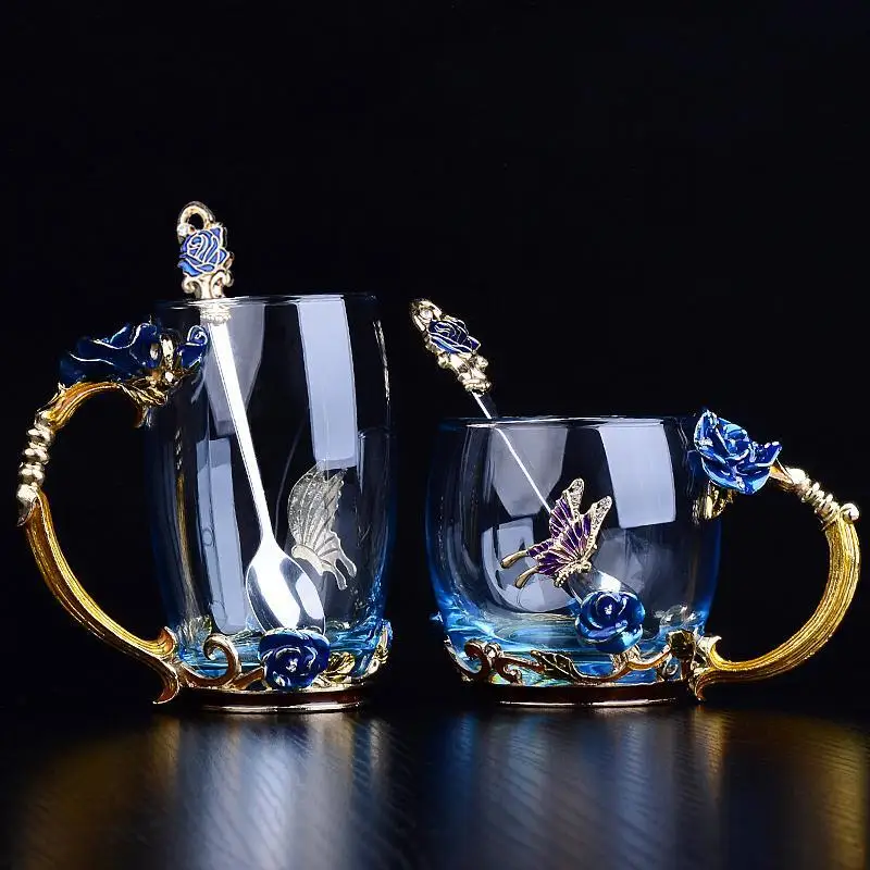 

Blue Rose Enamel Crystal Cup Flower Tea Glass High-grade Glass Cup Flower Mug with Handgrip Perfect Gift For Lover Wedding