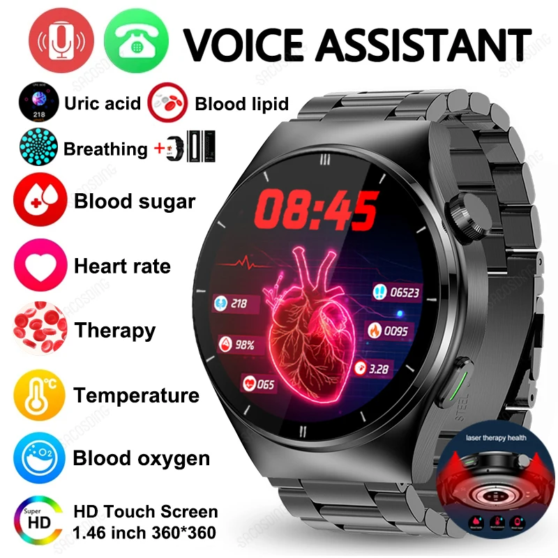 

Health Body Thermometer Smart Watch Blood Sugar Blood Lipid Uric Acid Monitor Laser Therapy Three High Smartwatch Bluetooth Call