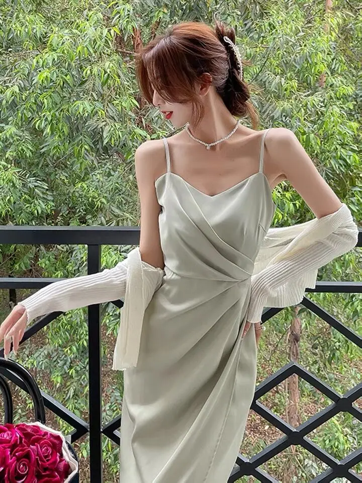 

Korean Fashion Pleated Slip Acetate Satin Dress High Waist Solid Elegant ice silk Dresses Bohemian Sexy Split Satin Dress