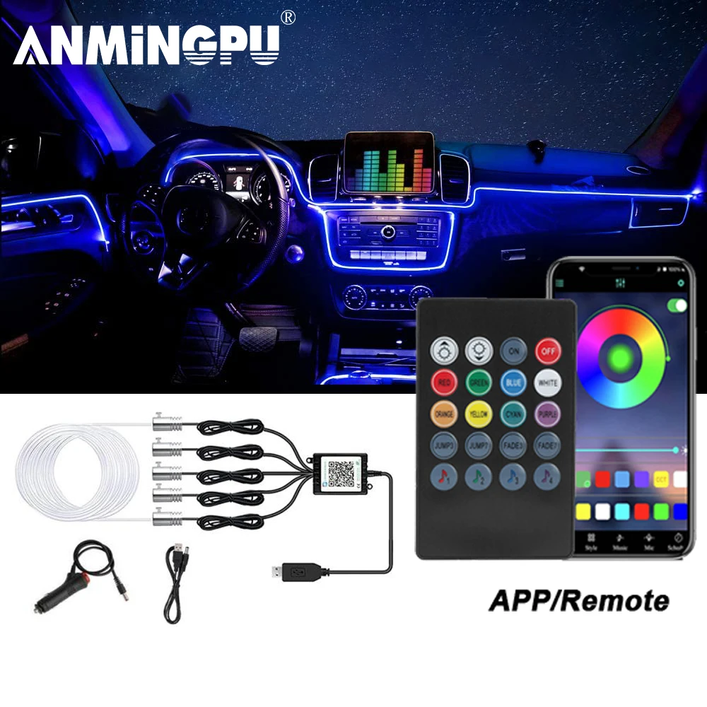 

ANMINGPU 6in1 Car Interior LED Ambient Strip Lights with Wireless App Remote Control RGB Atmosphere Light Fiber Optic Neon Light