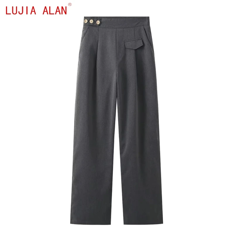 

Autumn New Women Button Decoration Side Zipper Straight Pants Female Casual High Waist Loose Trousers 2 Colors LUJIA ALAN P5182