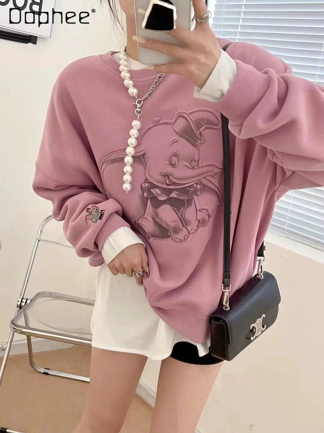 

Autumn New Korean Casual Fashion Simple Cartoon Pattern Printed Hoodie Coat Women Loose Round Neck Long Sleeve Sweatshirt Tops