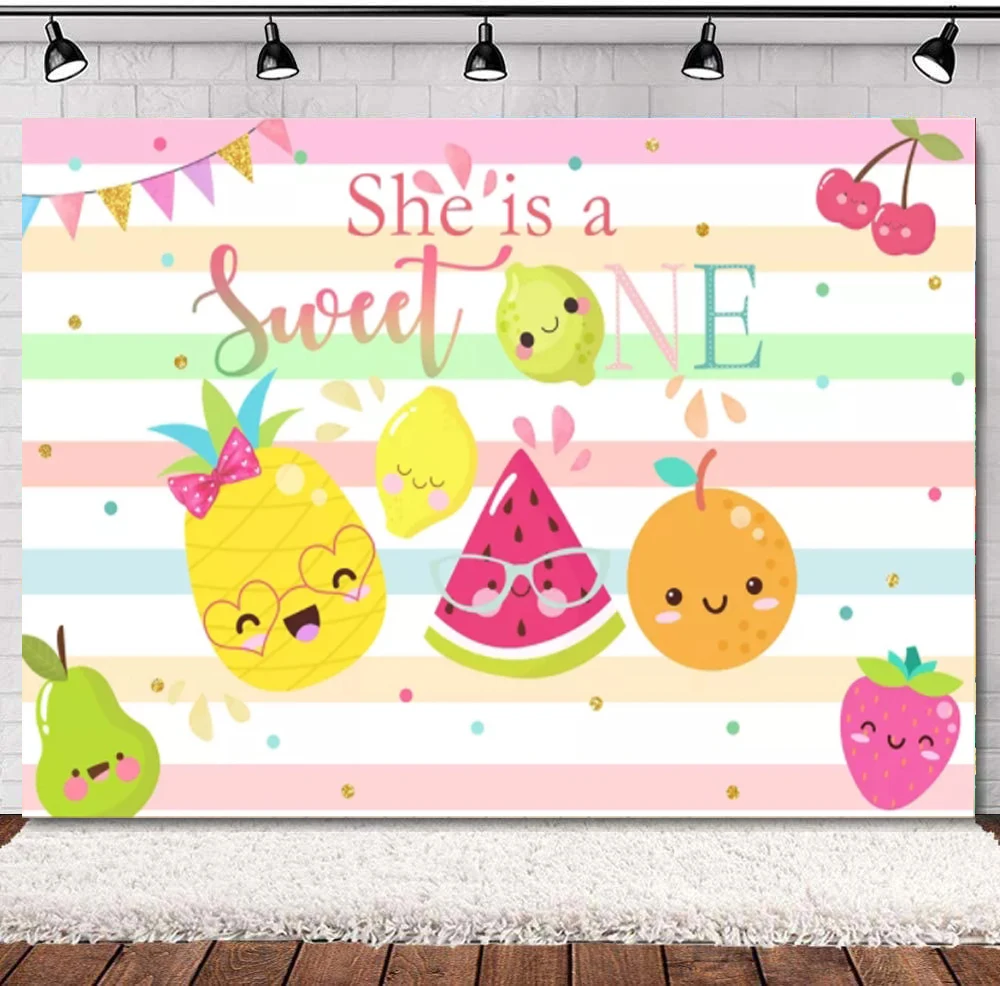 

Photography Backdrop She Is A Sweet One Summer Fruit Birthday Party Background For Watermelon Pineapple Stripes Decor Banner