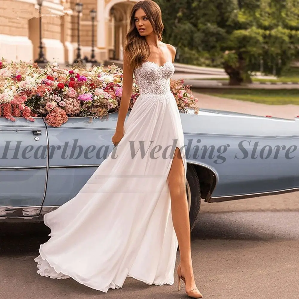 

A-LINE High Quality Wedding Dress with Chiffon Sweetheart Sleeveless Backless and Court Train Side Split Applique for Women