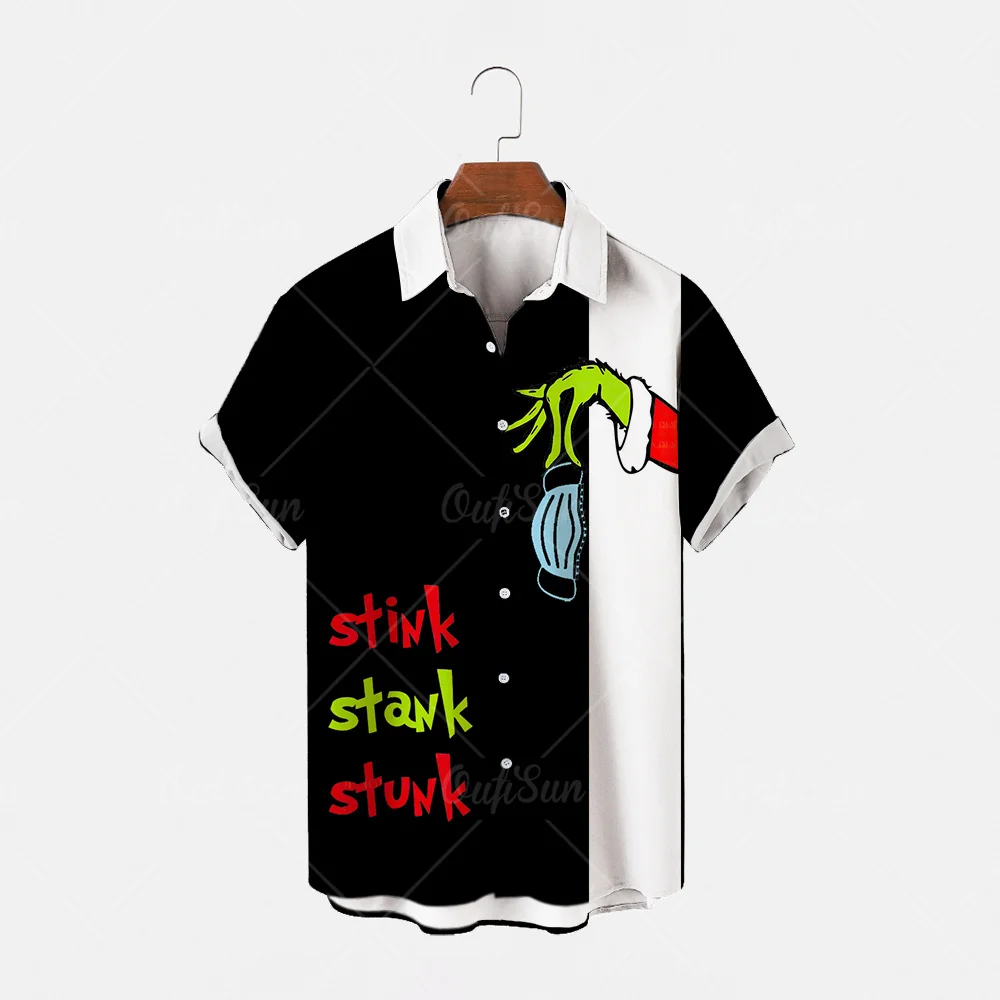 

Fashion Men's Hawaiian Shirt Short Sleeve Streetwear Printed Christmas Patchwork Summer Chic Shirt Beach Green Hair Monster S-5X