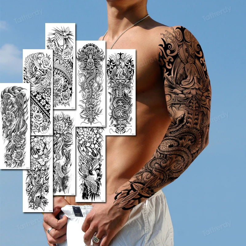 

Водостойкая черная наклейка в виде тигра, дракона, тотем, геометрической формы, на всю руку, с большим рукавом, татуировка для мужчин и мальч...