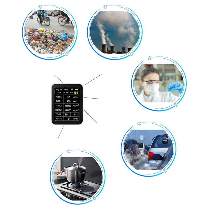 Умный детектор качества воздуха Tuya Wi-Fi 7 в 1 температуры и влажности PM2.5 CO2 TVOC HCHO