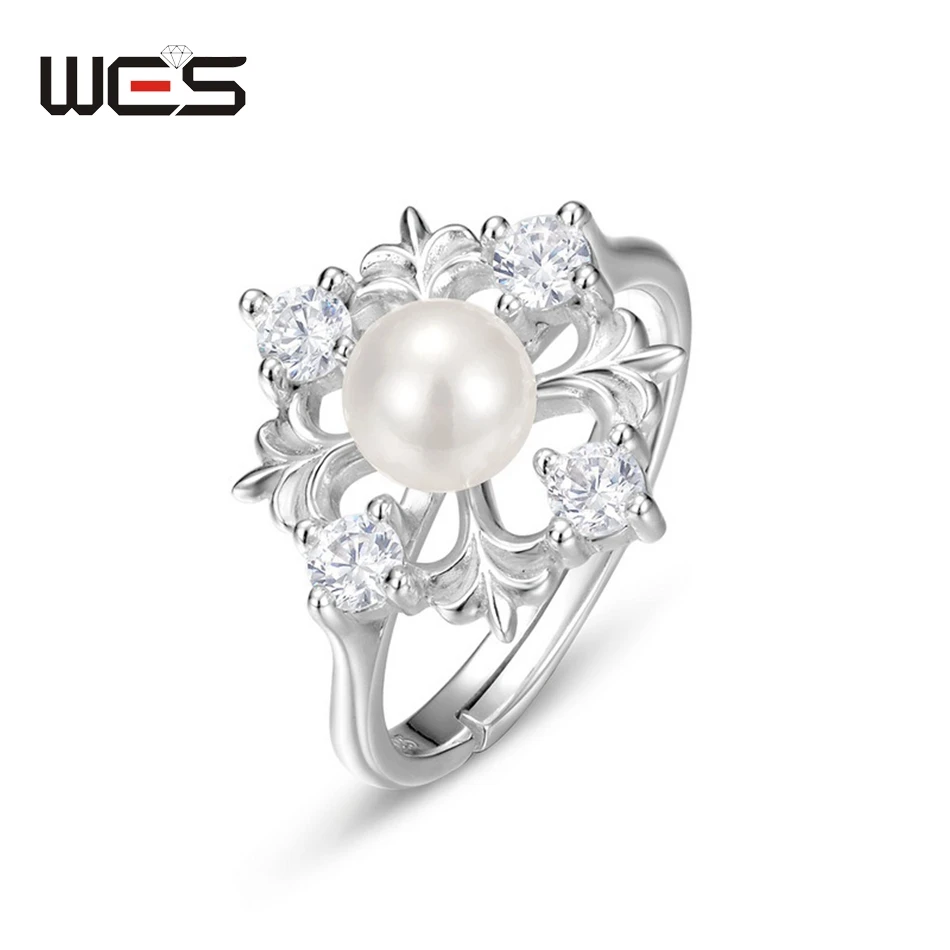 

WES 925 Sterling Silver Snowflake Pearl Ring for Woman Fine Jewelry Fashion Christmas Party Gifts Trendy Engagement Anniversary