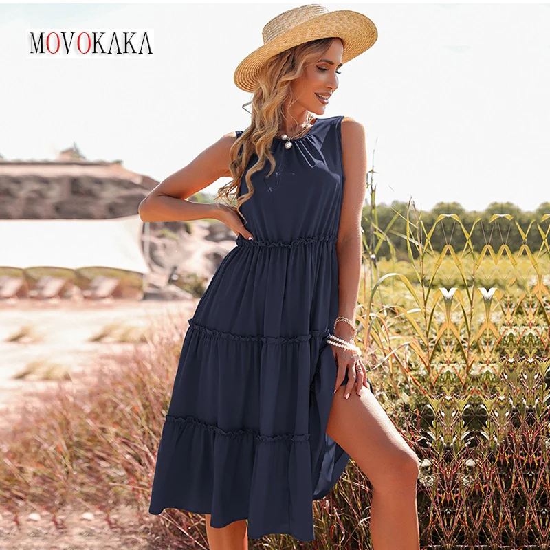 

MOVOKAKA Women Summer Holiday Folds Long Camisole Dress Elegant Party Casual Beach O Neck Fungus Vestidos Solid Vintage Dresses