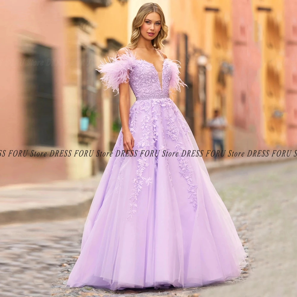 

Lavender Evening Dress For Pageant With Feather Spaghetti Strap Applique A Line Tulle V Neck Floor Length Prom Party Gown Gala