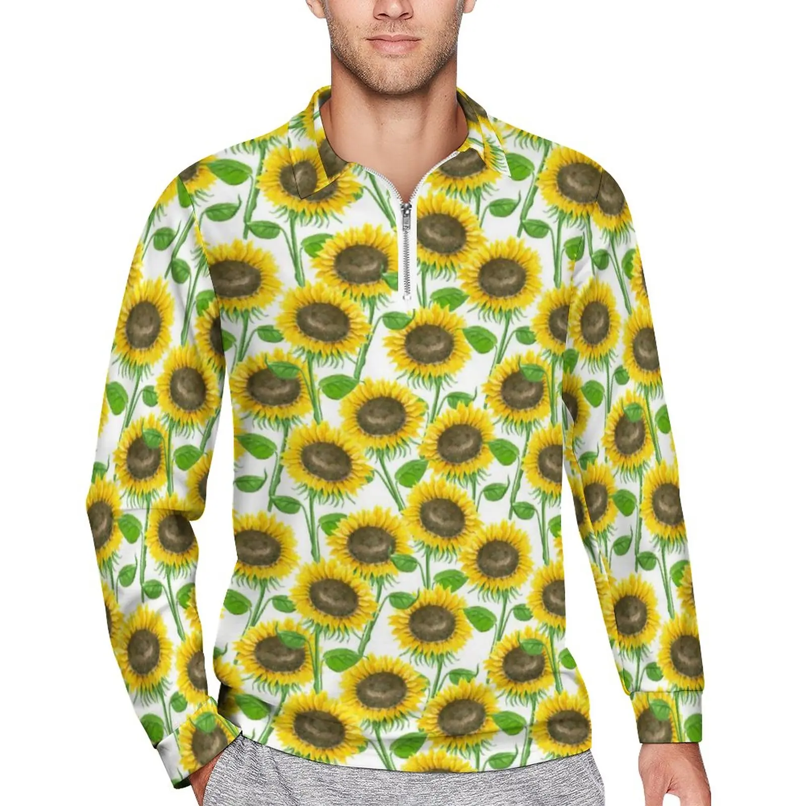

Sunflower Watercolor Polo Shirts Spring Nature Flower Leaves Zipper Casual Shirt Long-Sleeve Retro Graphic Oversize T-Shirts