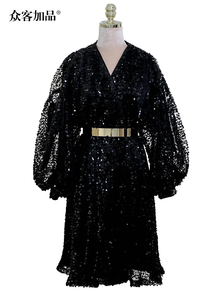 

Black dress for women in spring and autumn 2023, new fashion style, slim waist, medium length net red bubble sleeve