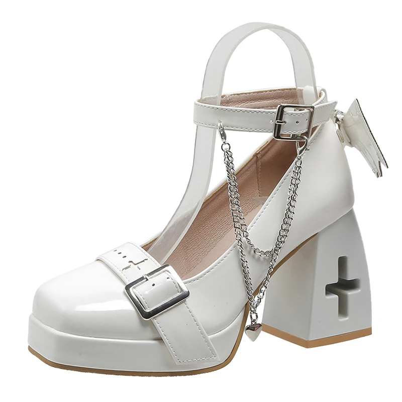 

Туфли женские на толстой платформе, ажурные туфли-лодочки, с металлической пряжкой, ремешок на щиколотке, квадратный каблук, Лолита