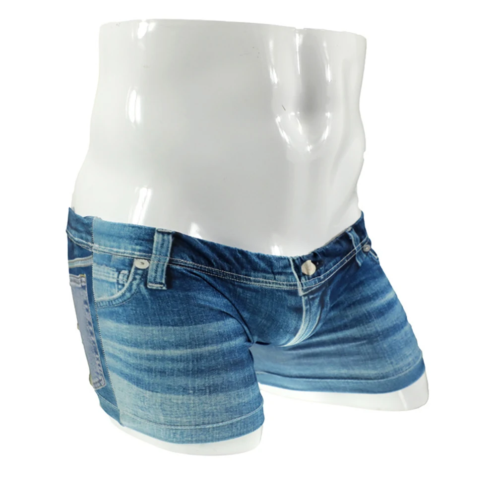 

Men Big Pouch Ice Silk Stretch 3D Print Boxer Low Rise Denim Pattern Shorts Fake Jean Underwear Soft Breathable Briefs Underpant
