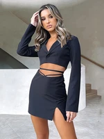 sibybo fall 2022 two piece cropped blazer skirt set 2 piece sets womens outfit skirt femme button notched lace up matching set