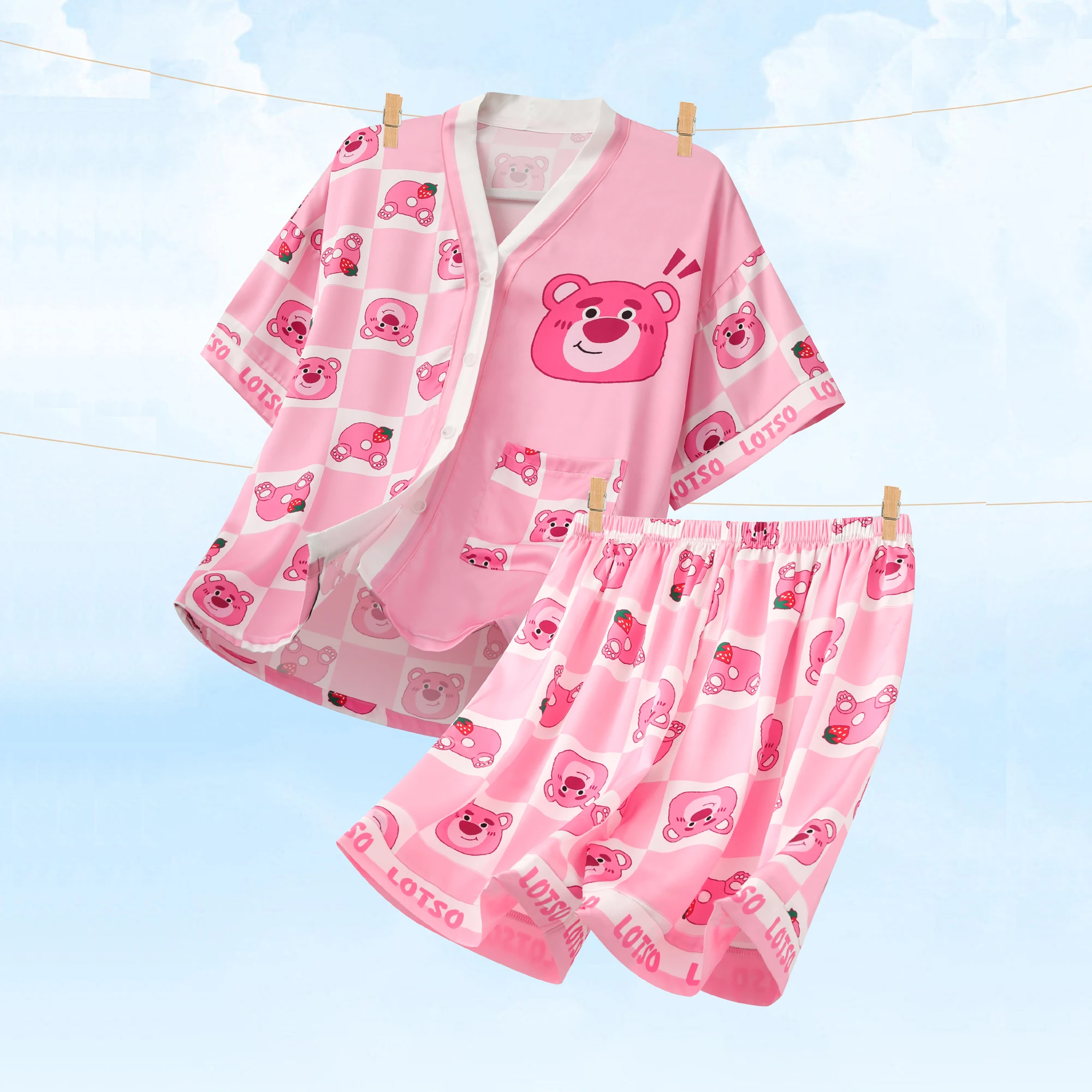 

Disney Strawberry Bear Pajamas Woman Summer Ice Silk Thin Three-piece Set Pajamas Women Sweet Cartoon Home Suit for Women