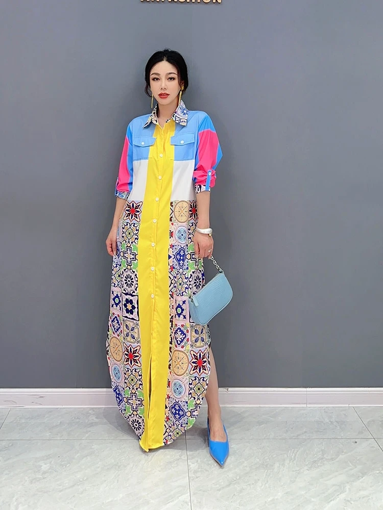 

SuperAen 2023 Summer New Korean Style Casual Lapel Collar Color Fashion Maxi Long Shirt Dress for Women