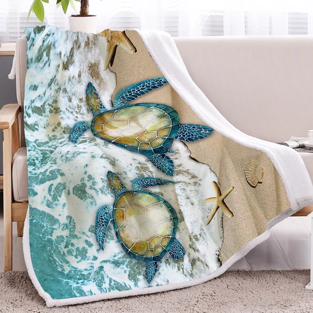 BlessLiving 3D Turtle Beach Print Sherpa Fleece Blanket Sea Waves Shells Starfish Blanklet Home Couch Sofa Decor Dropshipping 3