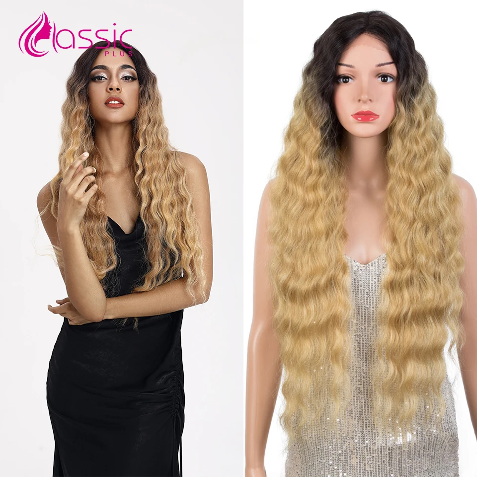 28 Inch Long Synthetic Lace Wig For Women Ombre Blonde Wig Body Wave Middle Part Synthetic Wig Pink Cosplay Lace Wigs Women Wig