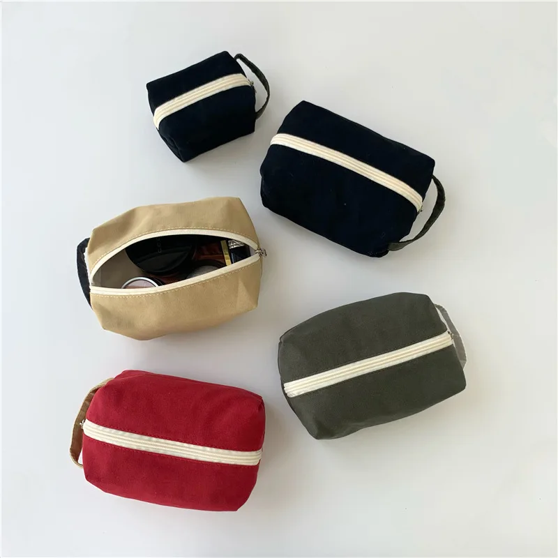 

Makeup Zipper Case Solid Color Cosmetic Bags for Women's Simple Japanese Color Plaid Handbags Washing Card Lipstick Storage Bags