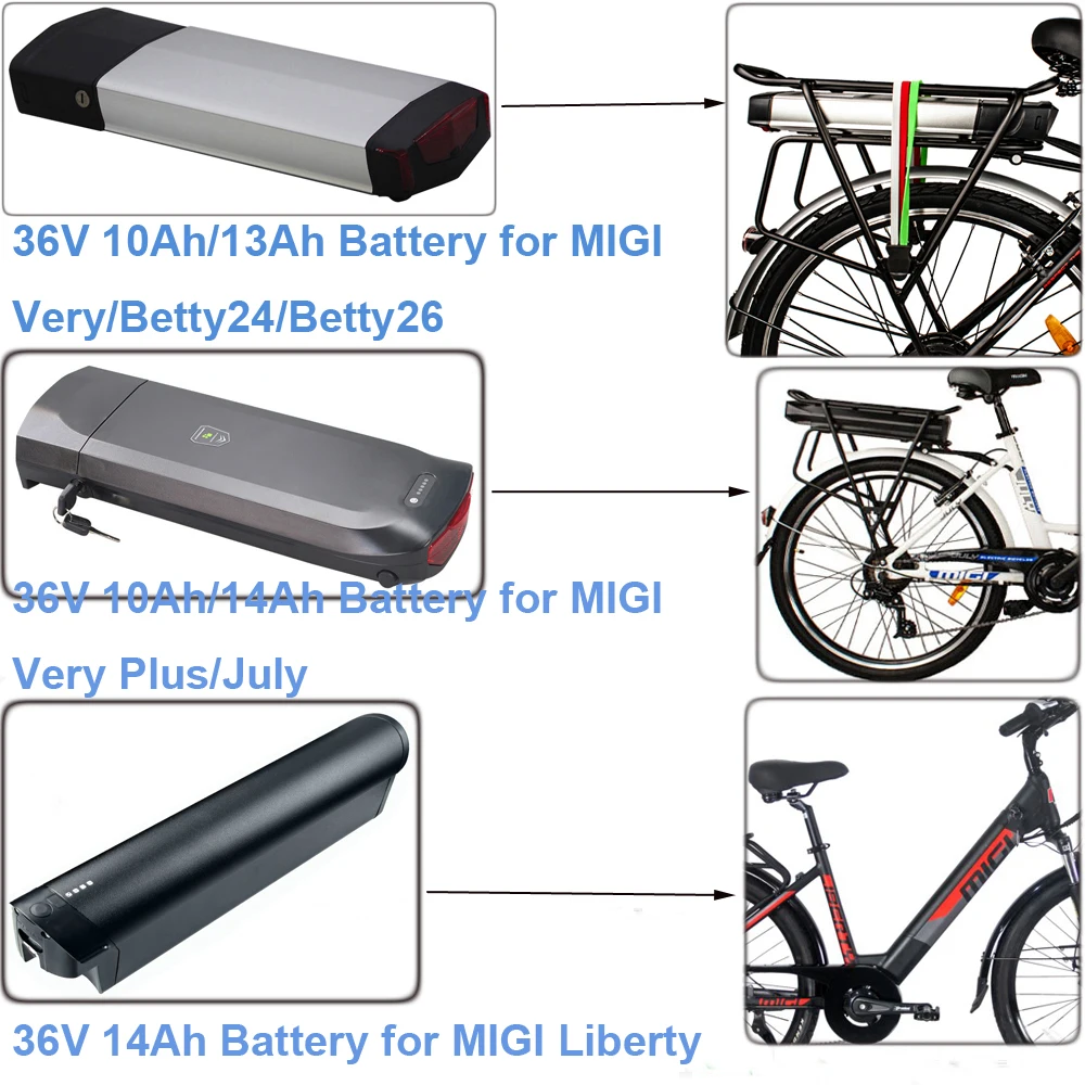 

Electric City Bike Battery 36V 10Ah 13Ah 14Ah 504Wh 250W Lithium Ebike Battery MIGI Very Plus July Liberty Betty24 Betty26