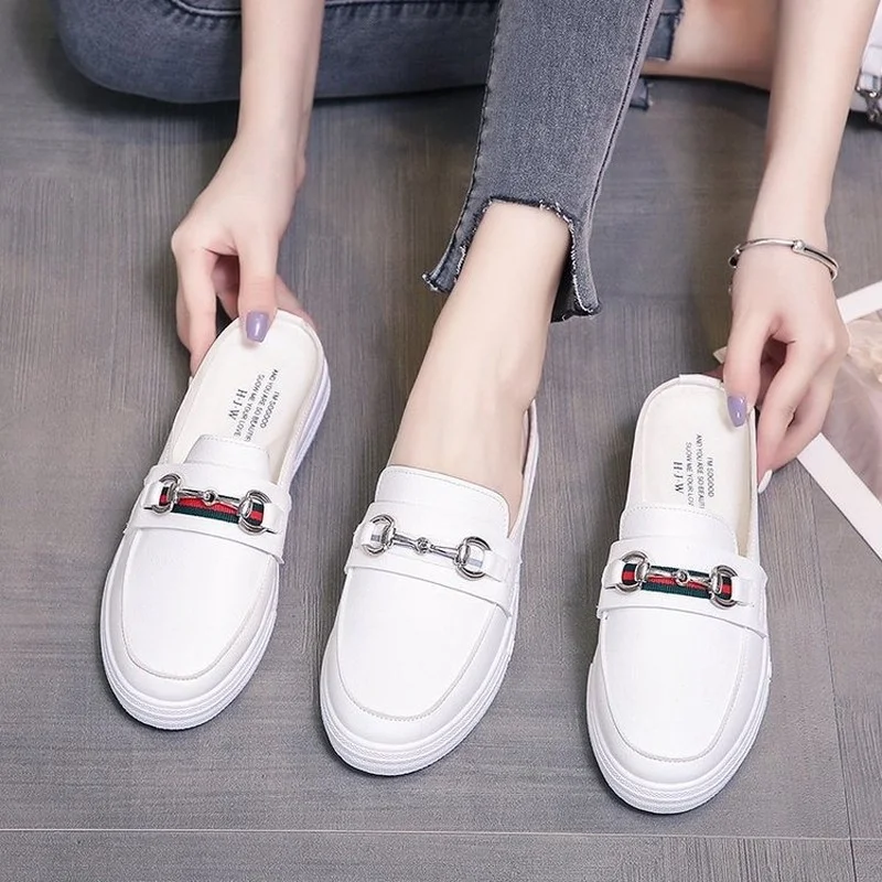 Mules Slippers Women Summer Little White Half Slippers Women 's New Net Versatile Student Flat Bottom Breathable Cool Slippers