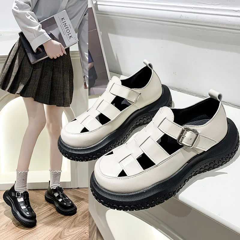 

Women Flats Thick Sole Shoes 2022 Spring Summer PU Leather Chunky Shoes Vintage Hollow Round Toe Mary Jane Women's Hole Shoes