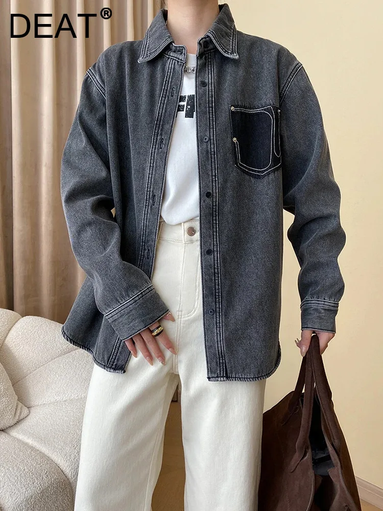 

DEAT Fashion Women's Shirt Lapel Single Breasted Pocket Plush Contrast Color Slim Cotton Blouse Winter 2023 New Tide 7AB2580