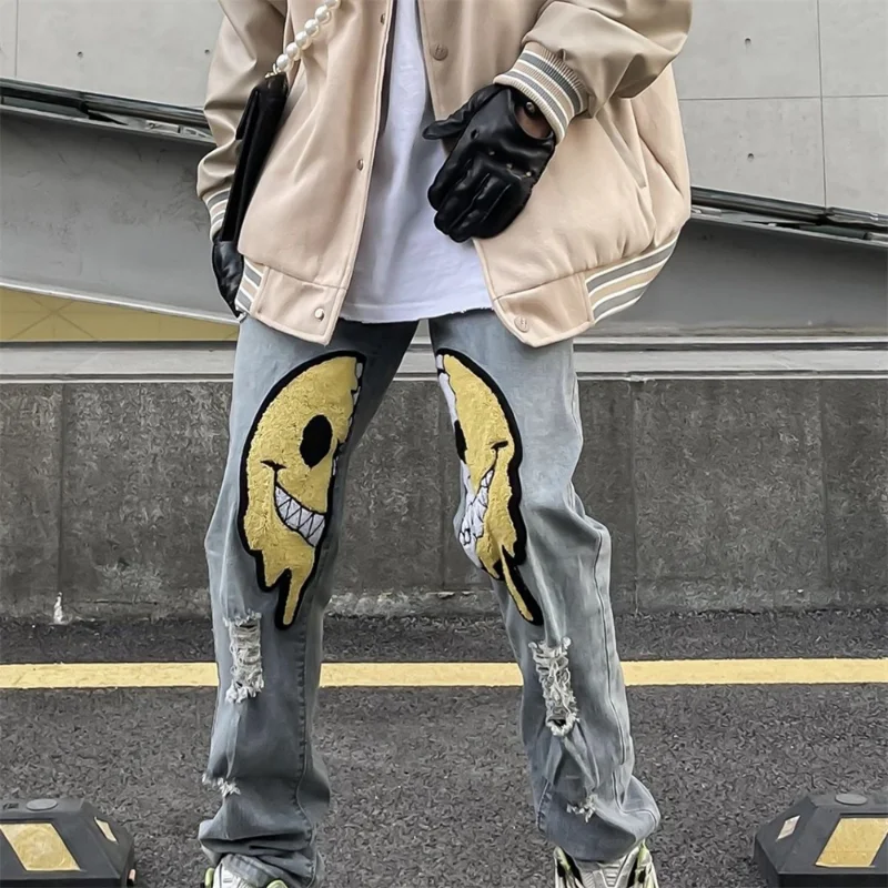 Irregular Ripped Hole Jeans Denim Pant Woman Man Straight Patchwork Baggy Boyfriend Y2k Punk Kpop Harajuku Streetwear Hip Hop
